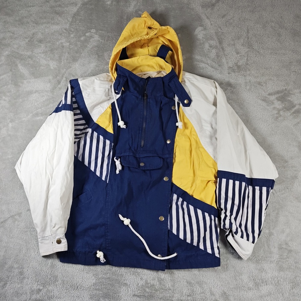 Vintage Hunt Club Jacket Women Small Blue Striped Colorblock Anorak Nautical 80s